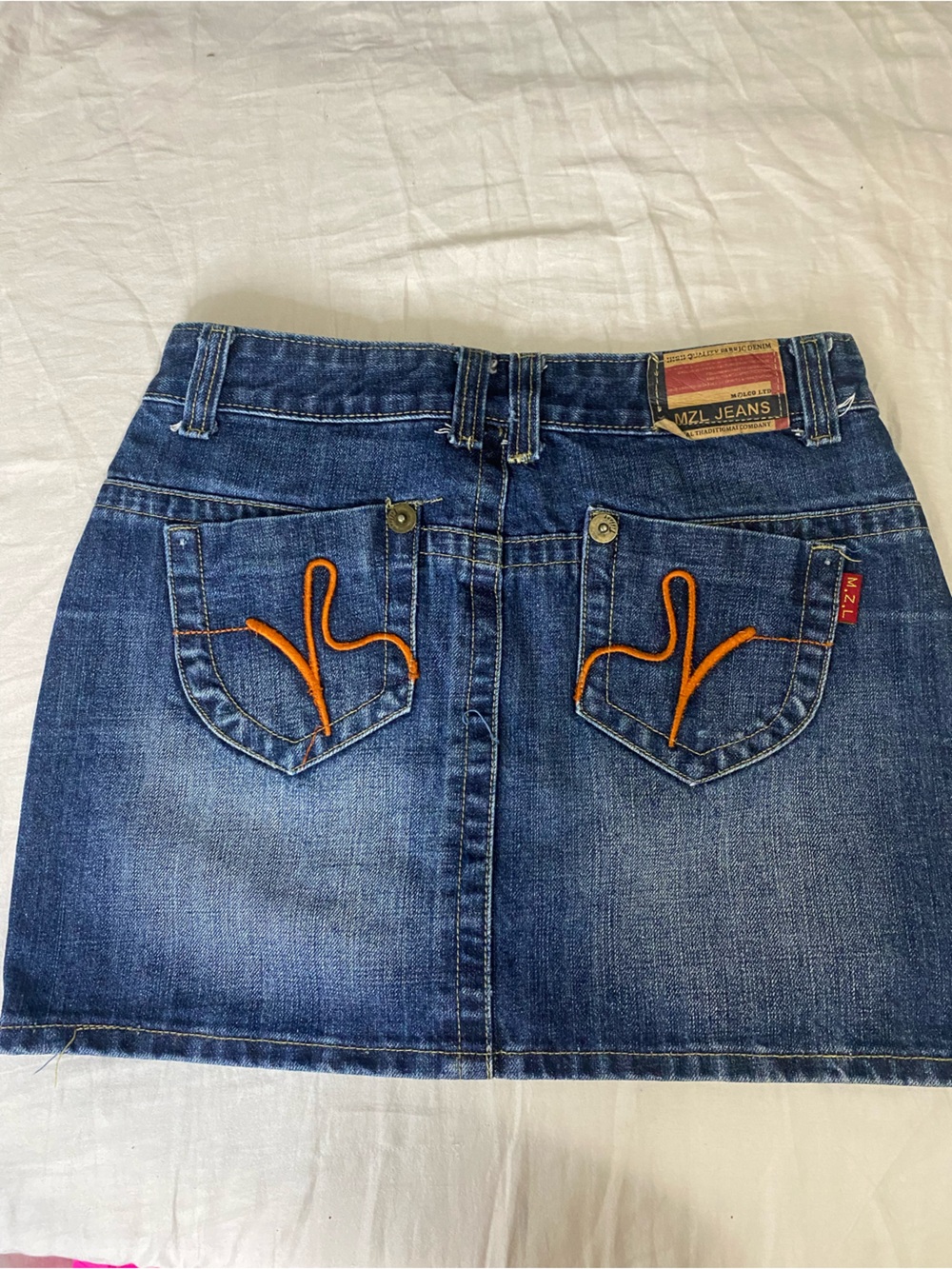 Vintage Y2K MZL JEANS Blue Denim Mini Skirt w/ Orange Contrast Stitching